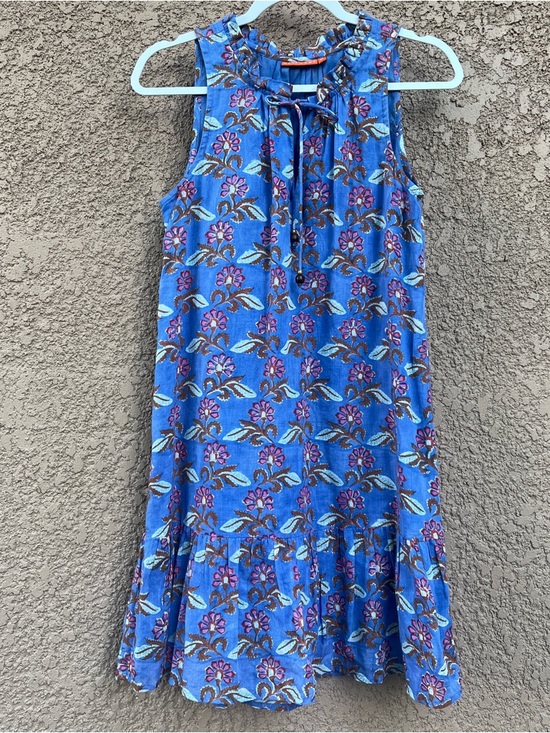 Oliphant Dresses & Skirts - Oliphant Blue Floral Block Print Cotton Tiered Mini Dress Small Sleeveless Boho